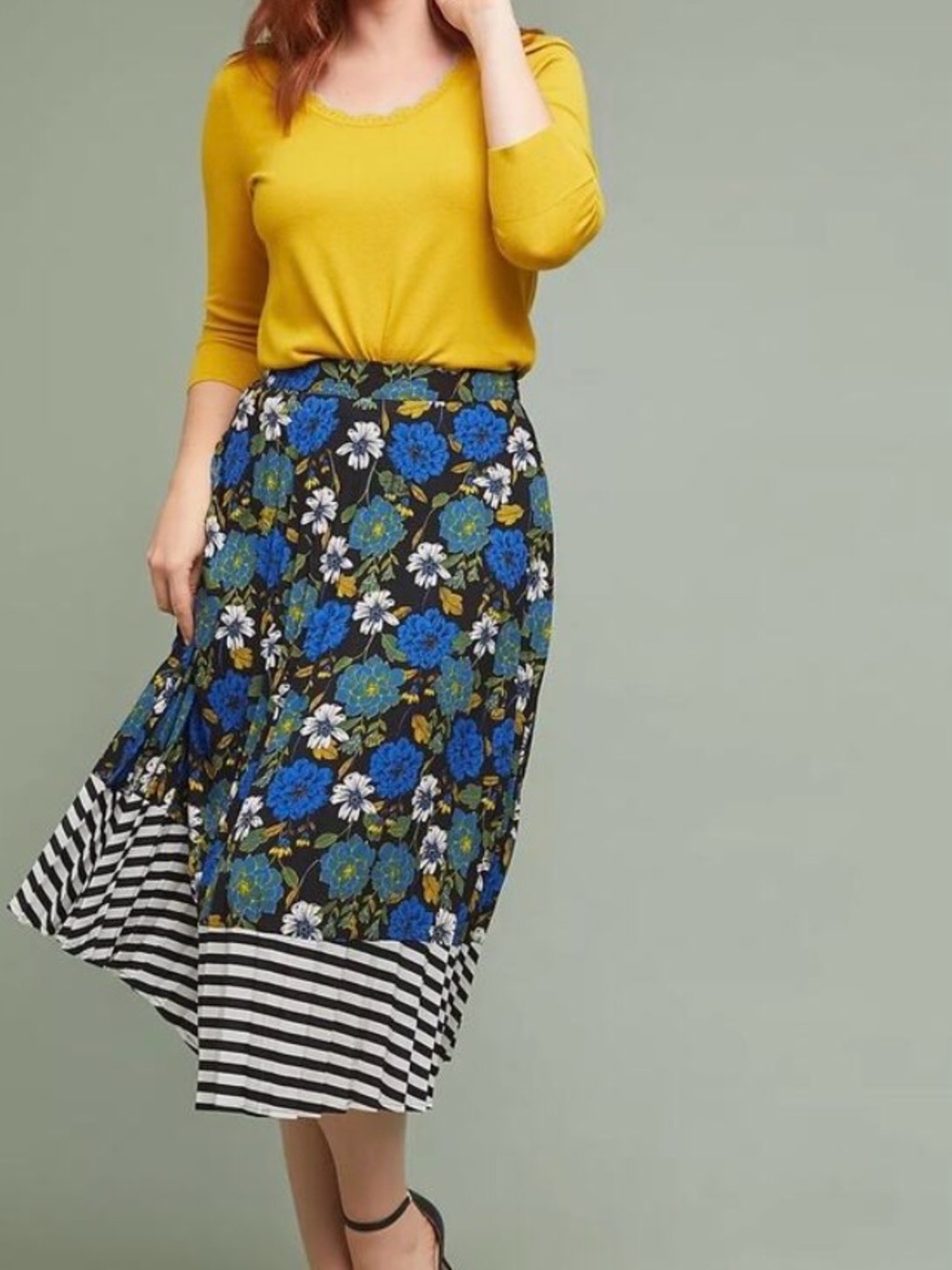 Lost + Wander Anthropologie Blue Floral & Black Striped Pleated Midi Skirt